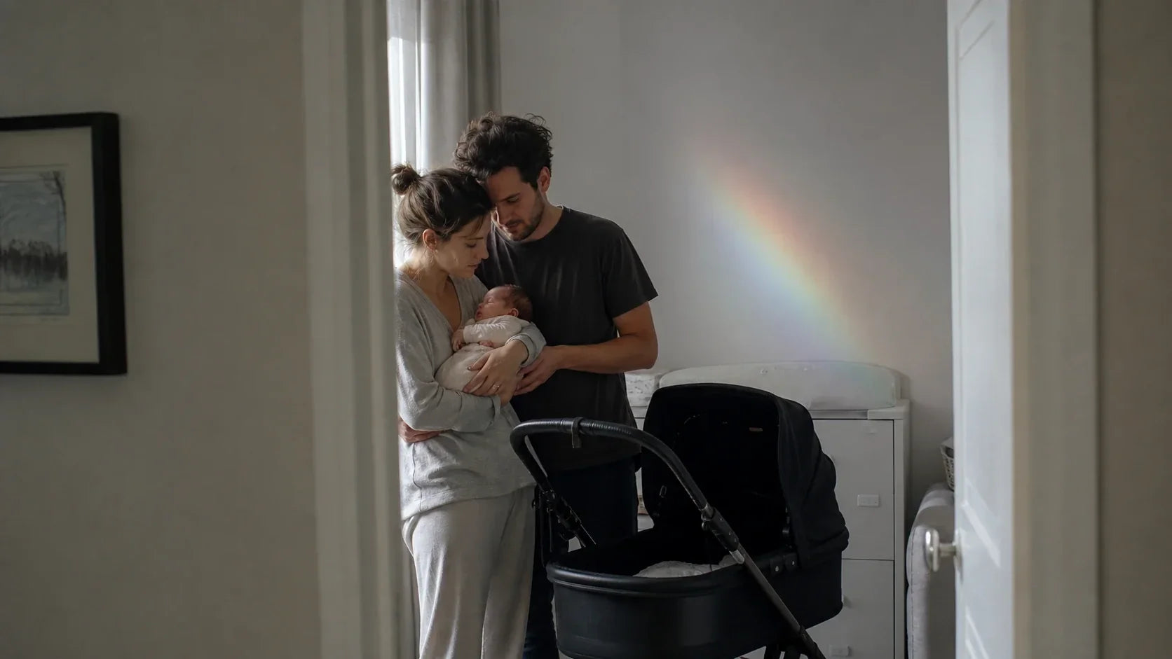 Parents hold their newborn beside a bassinet stroller as soft prism light touches the nursery wall.