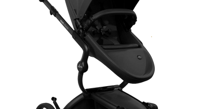 Black full-size stroller angled to show the seat and extended canopy