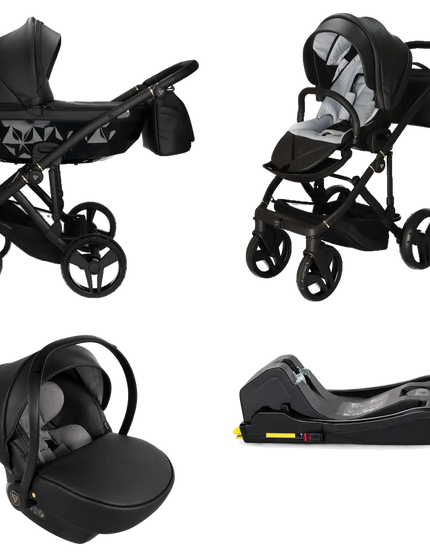 Black stroller with a carrycot, a seat, an infant car seat and an ISOFIX base