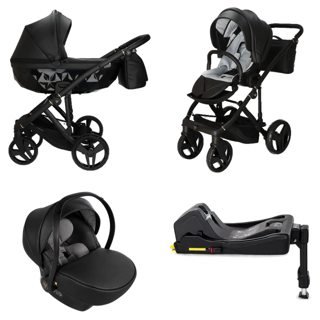Black stroller with a carrycot, a seat, an infant car seat and an ISOFIX base