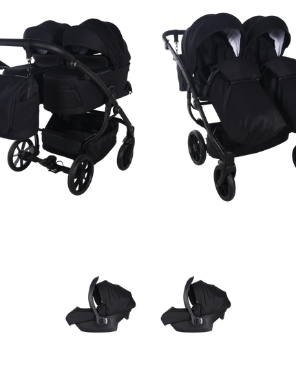 Double stroller with two carrycots, two seats and two infant car seats