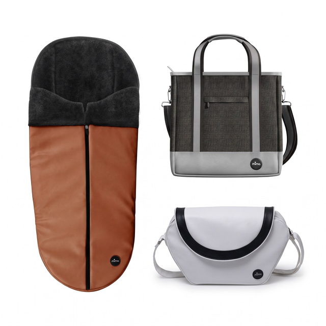 Mima camel footmuff, grey changing bag and white changing bag