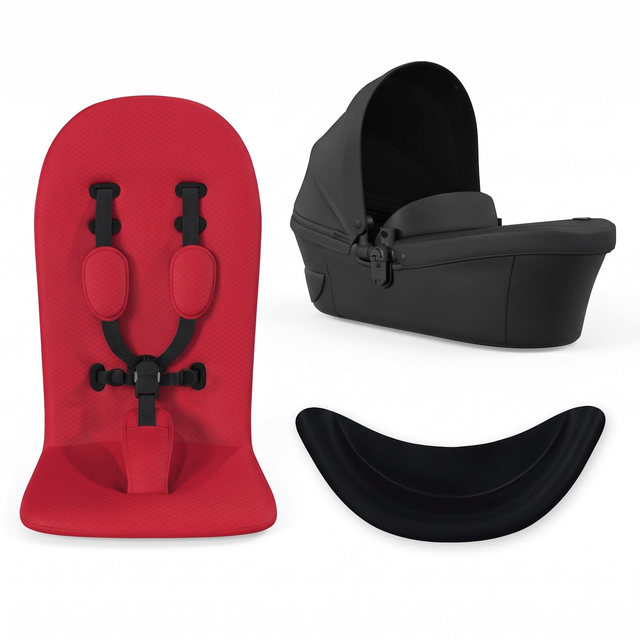 Mima Xari Max red seat pad, black carrycot and black bumper bar