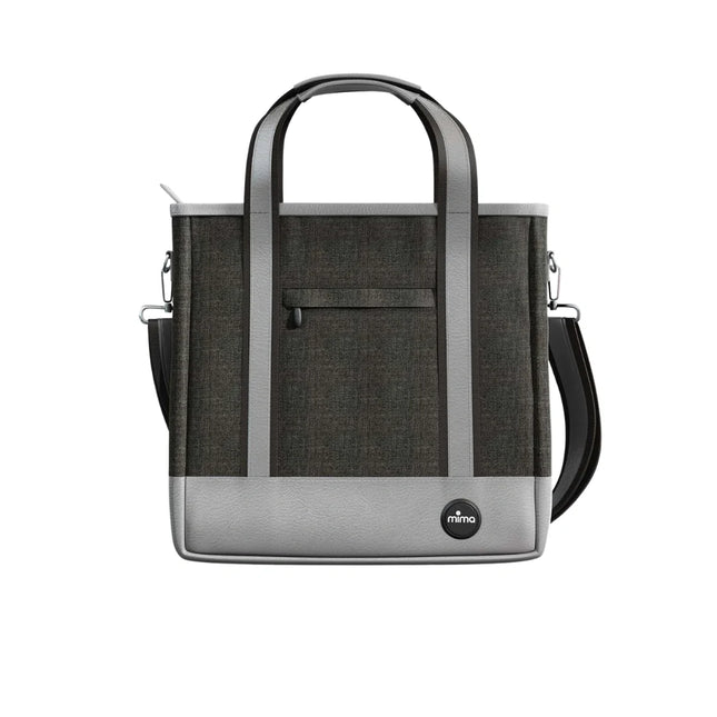 mima Sporty Bag in Charcoal with light gray trim, front view with twin handles and shoulder strap