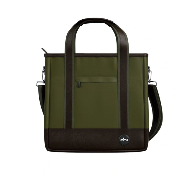 mima Sporty Bag in Olive Green with dark brown trim, standing upright with the strap to one side