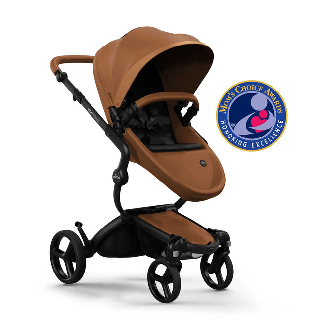 mima xari max Camel full-size stroller on a black chassis beside a Mom's Choice Awards badge