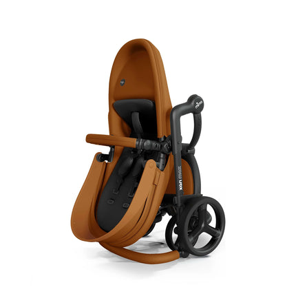 mima xari max Camel full-size stroller folded upright and standing on its own wheels