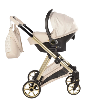 Junama Ellegante Lame Beige stroller in carrycot and seat configurations with matching car seat