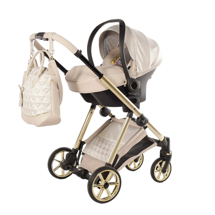 Junama Ellegante Lame Beige stroller in carrycot and seat configurations with matching car seat, photo 1