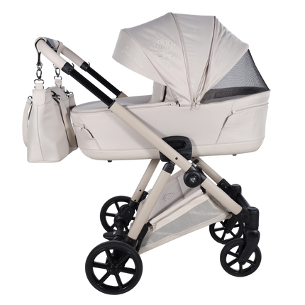 Junama Milano Beige luxury stroller shown from newborn through toddler seating, photo 2
