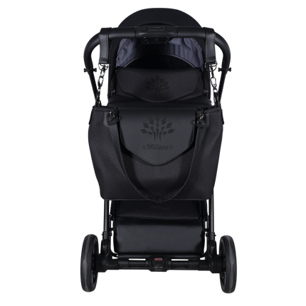 Junama Milano Black luxury stroller shown from newborn through toddler seating
