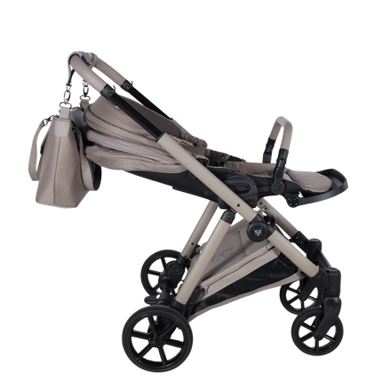 Junama Milano Cappuccino luxury stroller shown from newborn through toddler seating, photo 13