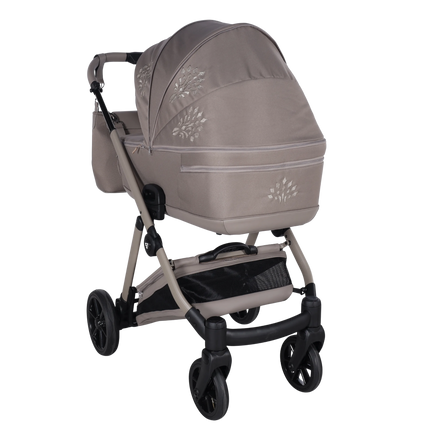 Studio photo of the Junama Milano Cappuccino stroller with carrycot / bassinet