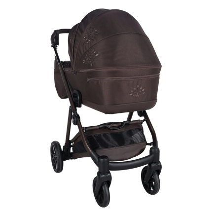 Junama Milano Chocolate luxury stroller shown from newborn through toddler seating