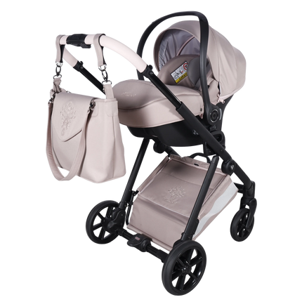 Junama Milano Pink stroller in carrycot / bassinet and seat configurations with matching car seat, photo 9