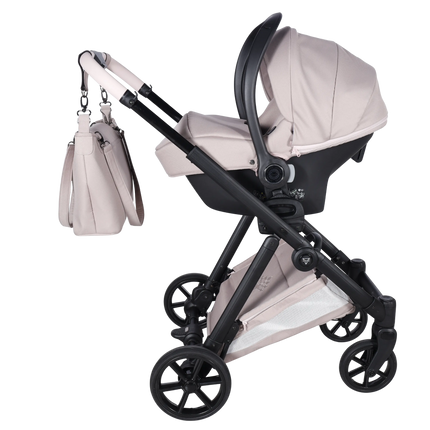 Junama Milano Pink stroller in carrycot / bassinet and seat configurations with matching car seat
