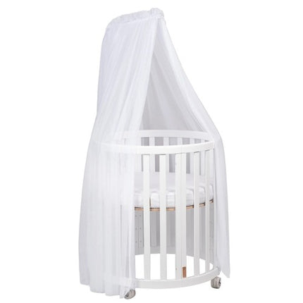 White Espiro Oasis canopy on the white frame, shown with the Oasis crib