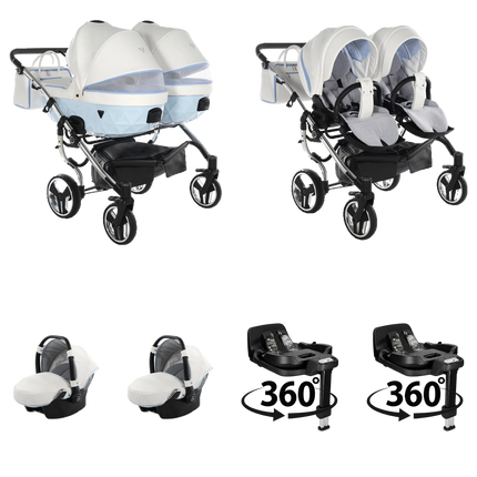 Junama Candy Duo Blue 4 IN 1 double stroller package with two infant car seats and two 360° rotating ISOFIX bases