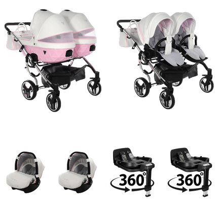 Junama Candy Duo Pink 4 IN 1 double stroller package with two infant car seats and two 360° rotating ISOFIX bases