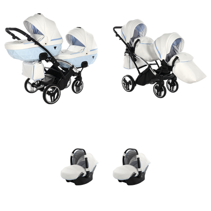 Junama Candy Duo Slim Stroller Blue with two carrycots, two seat units, and two infant car seats