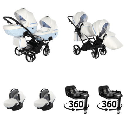 Junama Candy Duo Slim Stroller Blue with two carrycots, two seat units, two infant car seats, and two 360-degree rotating ISOFIX bases