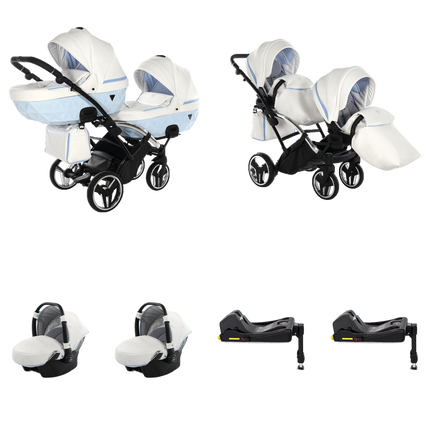 Junama Candy Duo Slim Stroller Blue with two carrycots, two seat units, two infant car seats, and two fixed ISOFIX bases