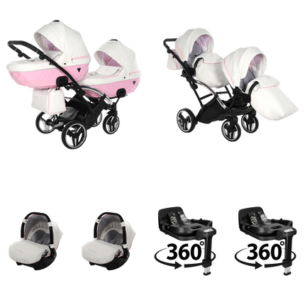 Junama Candy Duo Slim Stroller Pink with two carrycots, two seat units, two infant car seats, and two 360-degree rotating ISOFIX bases