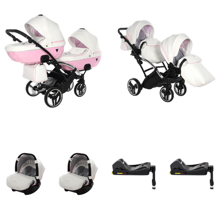 Junama Candy Duo Slim Stroller Pink with two carrycots, two seat units, two infant car seats, and two fixed ISOFIX bases