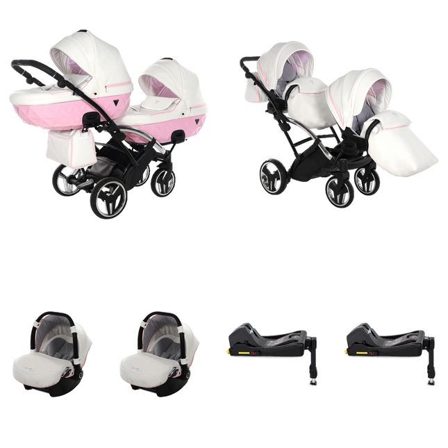 Junama Candy Duo Slim Stroller Pink with two carrycots, two seat units, two infant car seats, and two fixed ISOFIX bases
