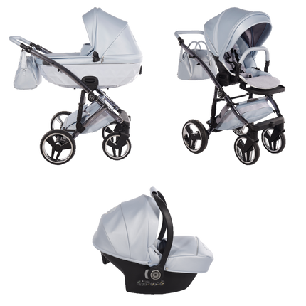 Junama Candy Premium Blue stroller in carrycot and seat configurations with matching car seat