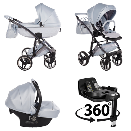 Junama Candy Premium Blue stroller in carrycot and seat configurations with matching car seat and 360-degree rotating ISOFIX base