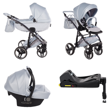 Junama Candy Premium Blue stroller in carrycot and seat configurations with matching car seat and ISOFIX base