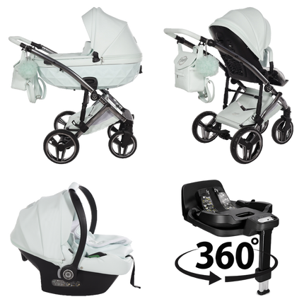 Junama Candy Premium Mint stroller in carrycot and seat configurations with matching car seat and 360-degree rotating ISOFIX base