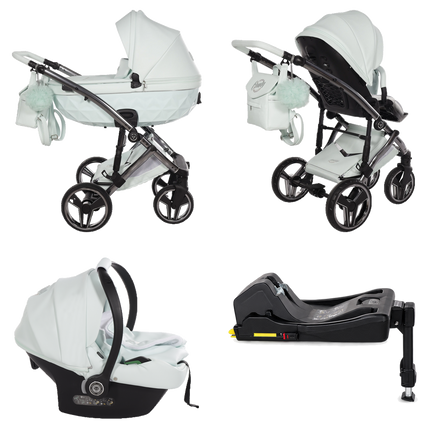 Junama Candy Premium Mint stroller in carrycot and seat configurations with matching car seat and ISOFIX base