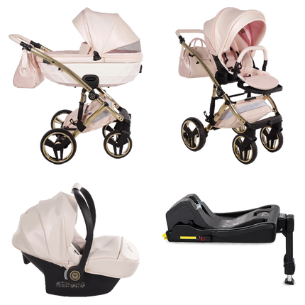 Junama Candy Premium Pink stroller with carrycot, seat, matching car seat and ISOFIX base