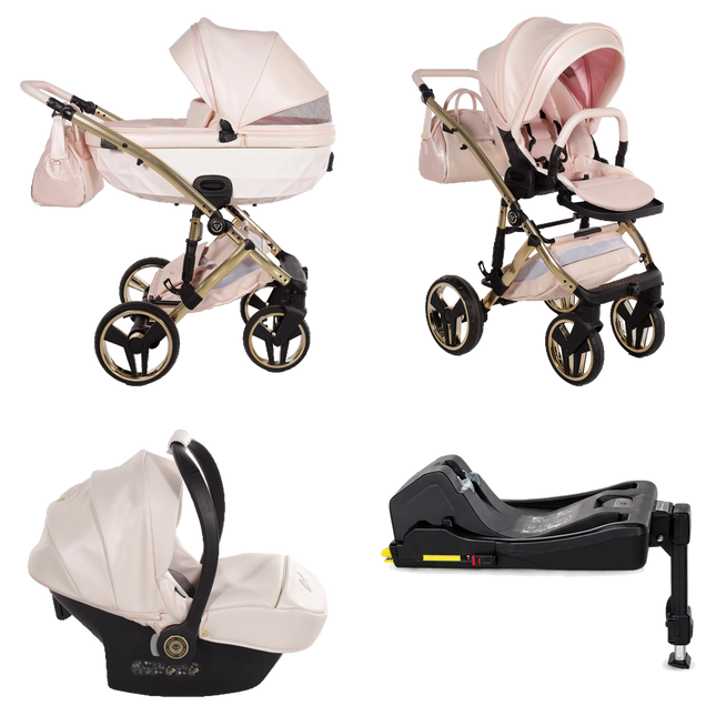 Junama Candy Premium Pink stroller with carrycot, seat, matching car seat and ISOFIX base