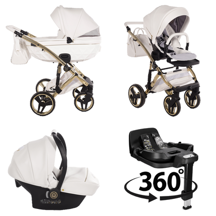 Junama Candy Premium White stroller in carrycot and seat configurations with matching car seat and 360-degree rotating ISOFIX base