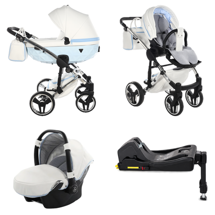 Junama Candy Blue stroller in carrycot and seat configurations with matching car seat and ISOFIX base