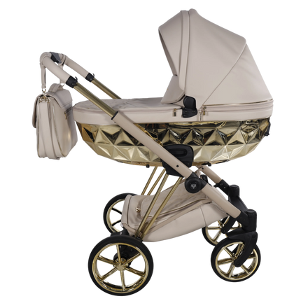 Junama Cubby Premium Beige stroller with gold diamond carrycot