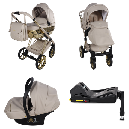 Junama Cubby Premium Beige stroller in carrycot and seat configurations with matching car seat and ISOFIX base