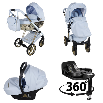 Junama Cubby Premium Blue stroller in carrycot and seat configurations with matching car seat and 360-degree rotating ISOFIX base