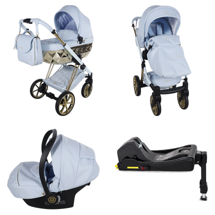 Junama Cubby Premium Blue stroller in carrycot and seat configurations with matching car seat and ISOFIX base