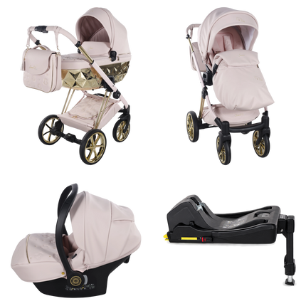Junama Cubby Premium Pink stroller in carrycot and seat configurations with matching car seat and ISOFIX base