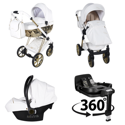 Junama Cubby Premium White stroller in carrycot and seat configurations with matching car seat and 360-degree rotating ISOFIX base
