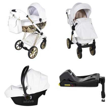 Junama Cubby Premium White stroller in carrycot and seat configurations with matching car seat and ISOFIX base