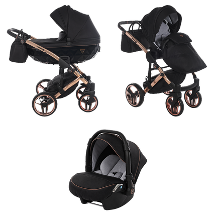 Junama Diamond S-Line Black & Copper stroller in carrycot and seat configurations with matching car seat