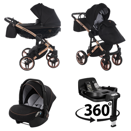 Junama Diamond S-Line Black & Copper stroller in carrycot and seat configurations with matching car seat and 360-degree rotating ISOFIX base