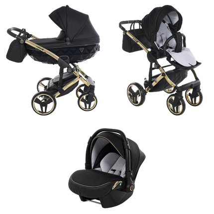 Junama Diamond S-Line Black & Gold stroller in carrycot and seat configurations with matching car seat