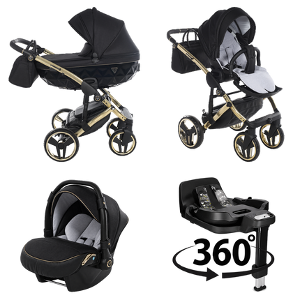 Junama Diamond S-Line Black & Gold stroller in carrycot and seat configurations with matching car seat and 360-degree rotating ISOFIX base