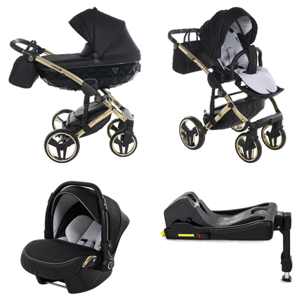 Junama Diamond S-Line Black & Gold stroller in carrycot and seat configurations with matching car seat and ISOFIX base
